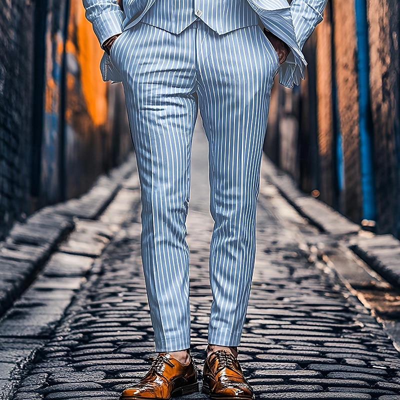 Men's Dress Pants Trousers Chinos Buttons Pocket Stripe Comfort Formal Party Work Fashion Classic Style Pink Blue Micro-elastic2