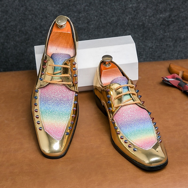 Men's Gold Metallic Faux Leather Oxford Shoes with Rainbow Glitter and Studded Details – Statement Footwear for Parties, Weddings and Special Events4