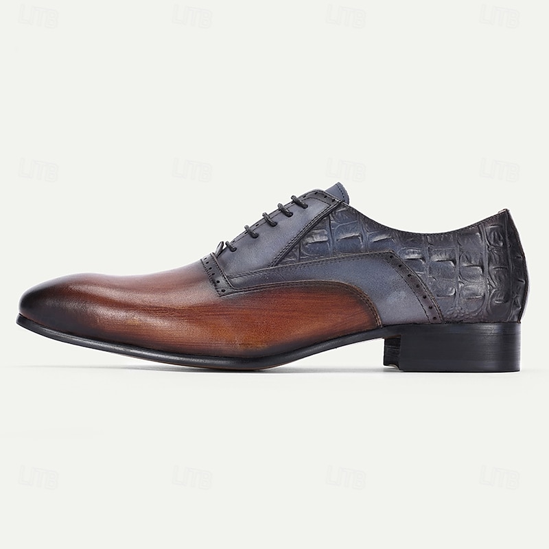 Men's Two-Tone Leather Oxford Shoes – Premium Cowhide with Crocodile Pattern, Lace-Up Design for Formal Business and Special Occasions3