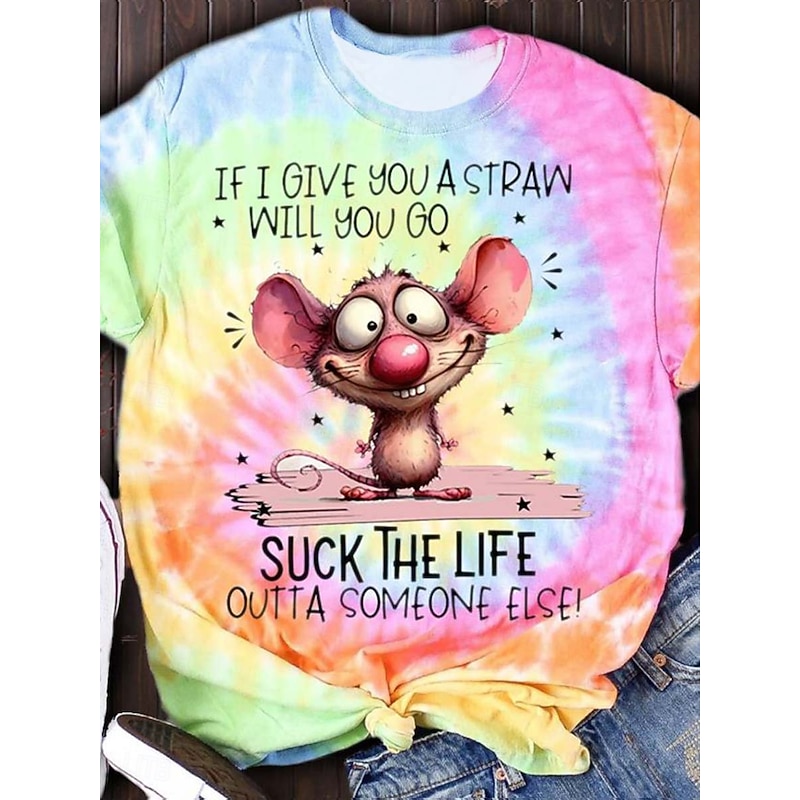 Women's T Shirt Tie Dye Letter Casual Short Sleeve Round Neck Regular Tops Daily Print Pink Red Blue Purple Rainbow Summer