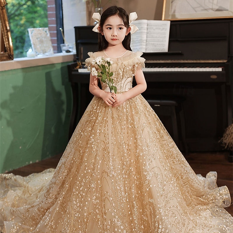 Flower Girl Dress Kid's Girls' Princess Dress Performance Wedding Party Elegant Beautiful Mesh Solid Color Short Sleeve Crew Neck Champagne 4 years+