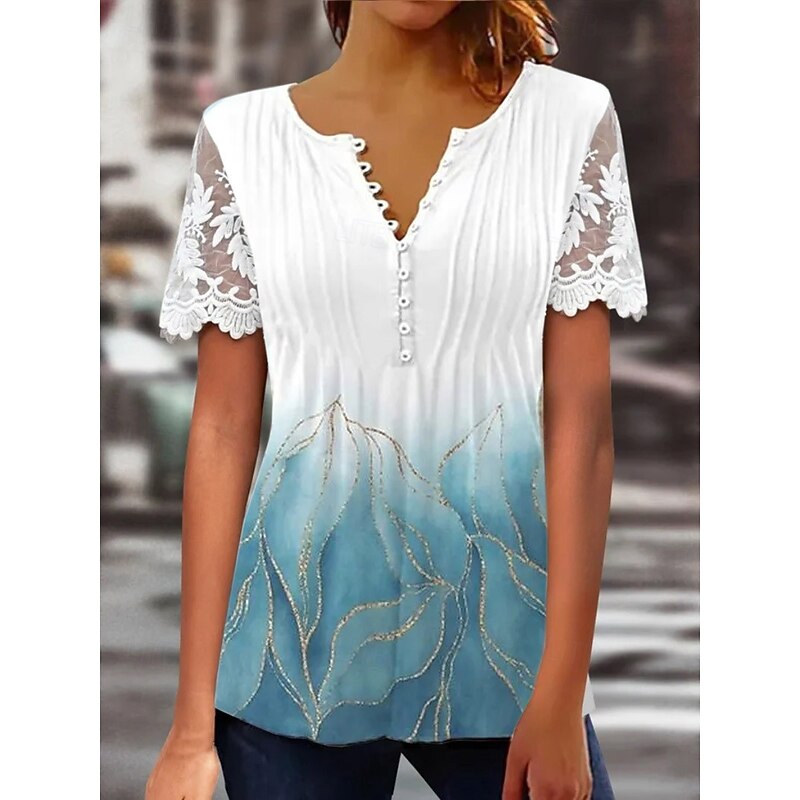 Women's Lace Splicing Top Graphic Flowers Elegant Bohemia Fashion Short Sleeve Flutter Sleeve Round Neck Regular Tops Daily Weekend Vacation Wear Lace Patchwork Print White Light Green Navy Blue Blue4