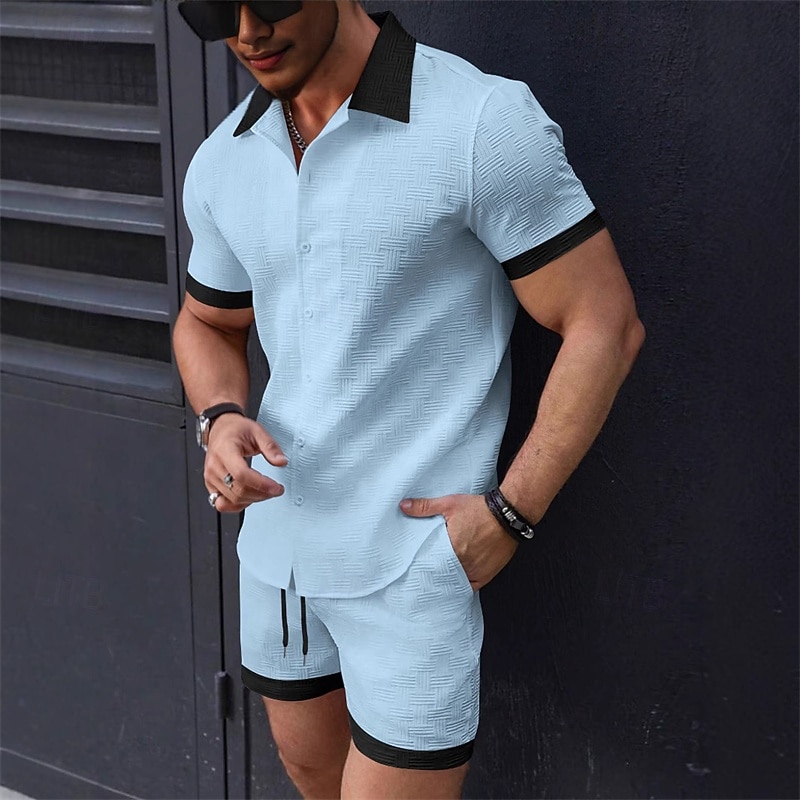 Men's T-shirt Suits 2 Pieces Outfits Tee & Shorts Short Sleeve Lapel Summer Plain Fashion Casual Patchwork 2 Piece Jacquard Vacation Daily Wear Going out Black White Pink Top Tee for Men3