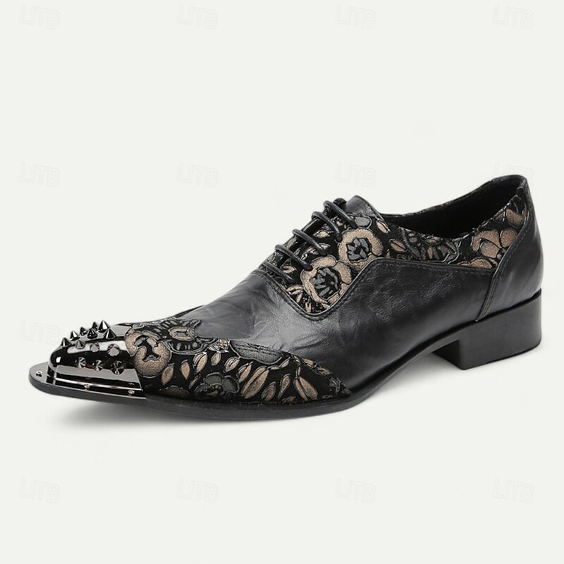 Men's Black Leather Lace-Up Dress Shoes – Premium Cowhide with Floral Embroidery and Metal Studded Toe Cap for Formal Events and Parties3