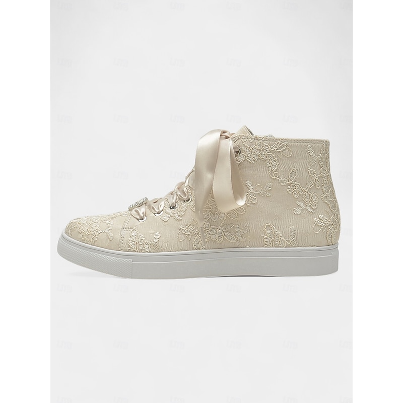 Women's Ivory Lace Wedding Sneakers with Satin Ribbon Laces and Rhinestone Heart Charm – Comfortable Bridal Shoes for Weddings3