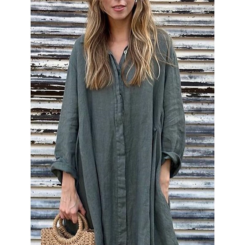 Women's Maxi Dress Cotton Linen Dresses Shirt Dress Casual Dress Cotton Maxi Dress Basic Casual Vacation Daily Regular Fit Plain Long Sleeve Shirt Collar Dark Green Apricot Gray Summer4