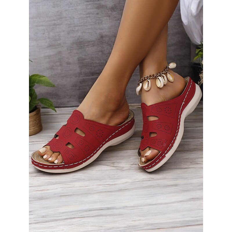 Women's Red Slip-On Sandals with Cut-Out Design, Comfortable Sole and Casual Style for Summer Wear and Daily Outings4
