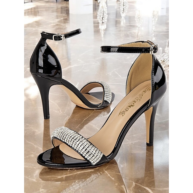 Black Patent Leather High Heel Sandals with Rhinestone Embellishments - Women's Evening Shoes and Wedding