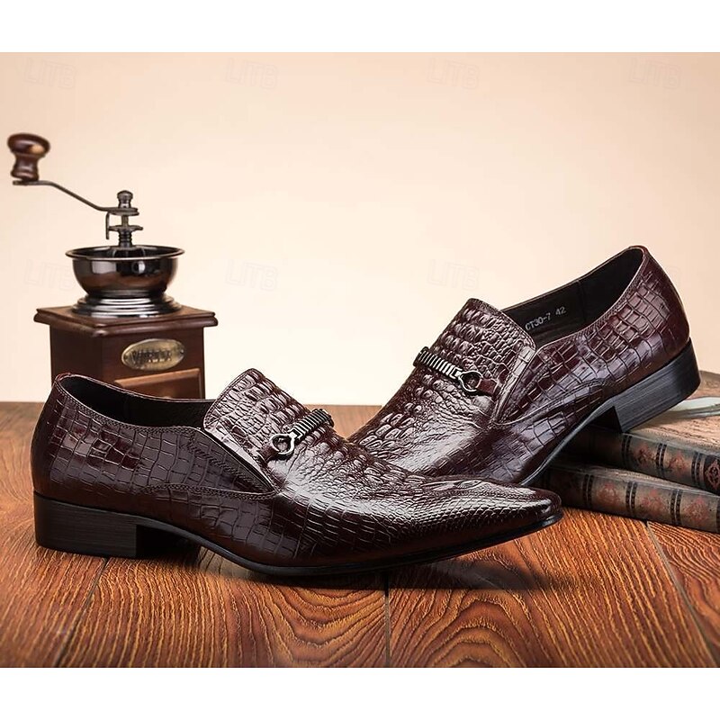 Men's Crocodile Pattern Faux Leather Loafers – Elegant Slip-On Shoes with Metal Buckle for Business and Formal Events2