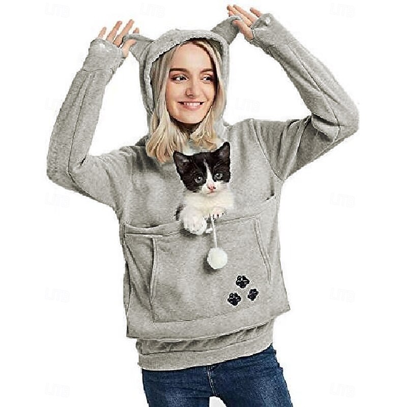 Women's Big Kangaroo Pouch Hoodies,Cute Cat Ear Carriers Pullover,Pet Cat Dog Holder Cuddle Sweatshirt Deep Blue