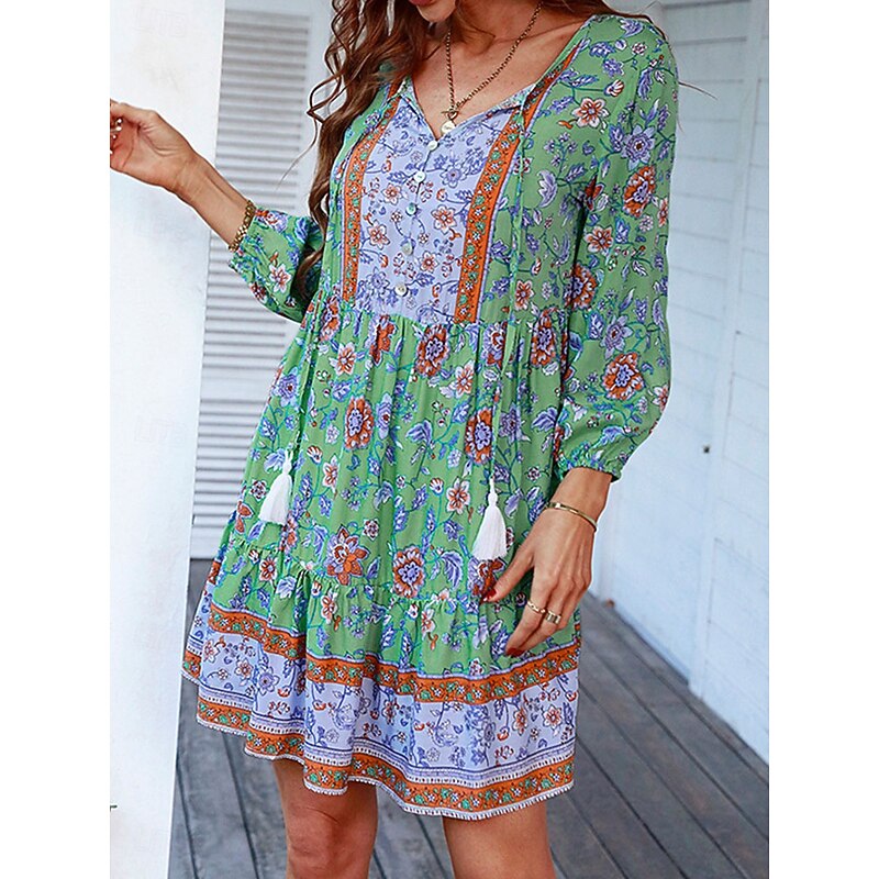 Women's Mini Dress Petite Dress Casual Dress Boho Chic Dresses Boho Dress Bohemia Cute Stylish Vacation Daily Beach Loose Fit Graphic Long Sleeve V Neck Red Green Spring Fall4