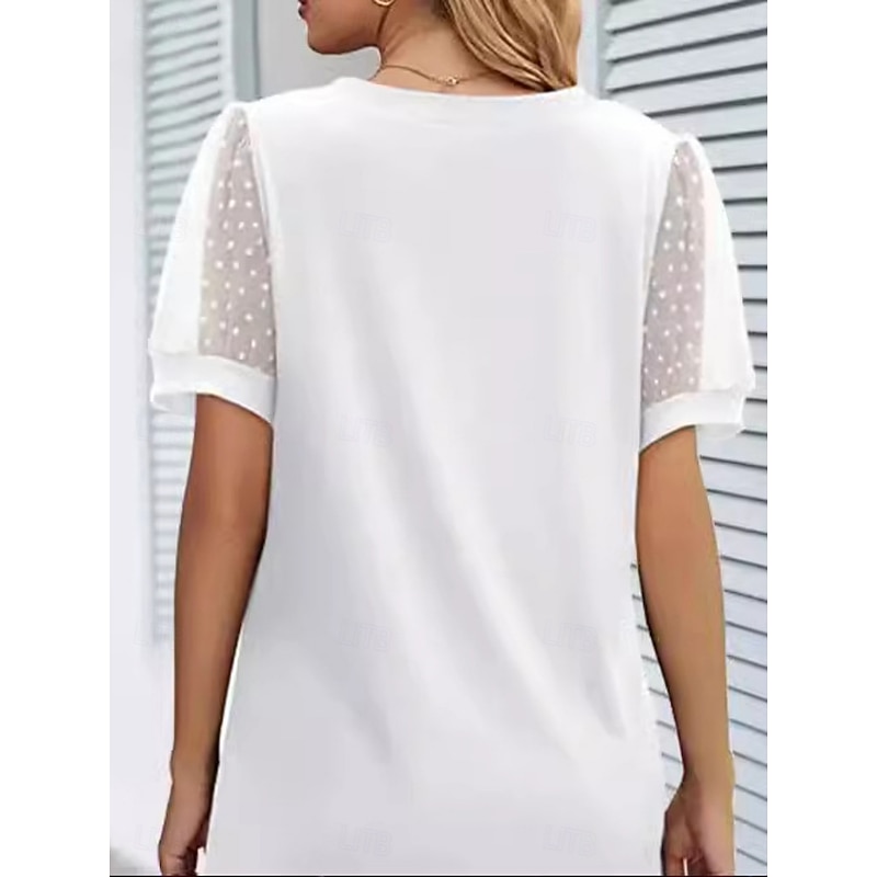 Women's T Shirt Plain Fashion Modern Casual Short Sleeve V Neck Regular Tops Daily Weekend Lace Patchwork Black White Summer Spring2