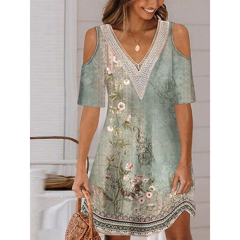 Women's Long Dress Maxi Dress A Line Dress Boho Dress Elegant Stylish Casual Vacation Daily Regular Fit Floral Short Sleeve V Neck Red Blue Purple Green Summer Spring