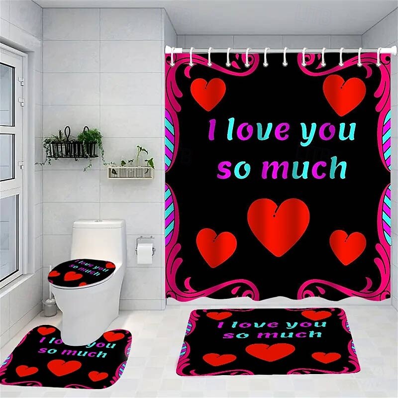4-Piece Shower Curtain Set Valentine's Day Bathroom Decor , Modern Home Bathroom Decor with Bath Mat, U-Shaped Mat, Toilet Lid Cover, and 12 Hooks3