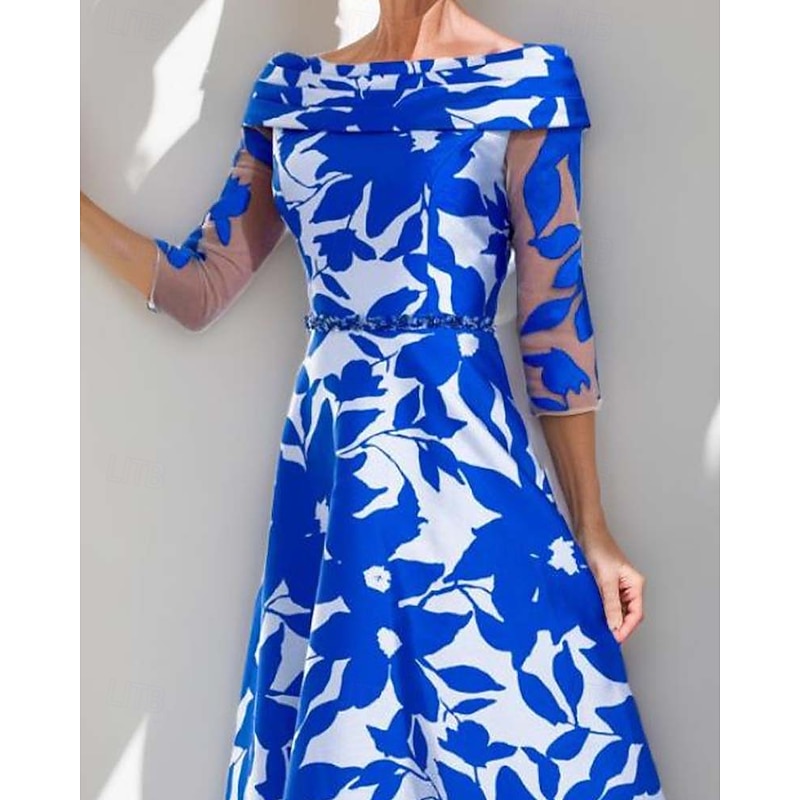A-Line Dress Mother of the Bride Dress Elegant Simple Boat Neck Tea Length Satin 3/4 Length Sleeve with Floral Print Pleats Race Day Dress Wedding Guest Dress3