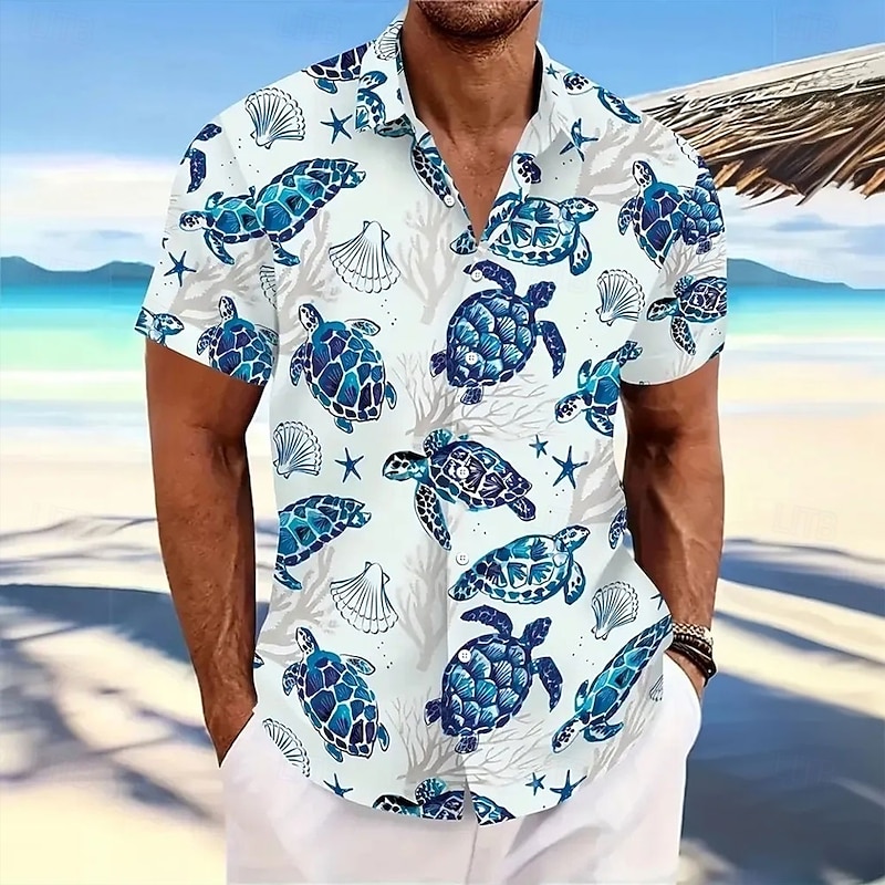 Men's Turtles Sea Creatures Summer Hawaiian Shirt Button Up Shirt Short Sleeve Hawaiian Resort Vacation Holiday Beach Wear Summer Spring Turndown Collared Shirts Blue