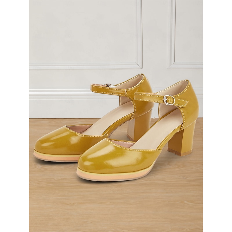 Women's Yellow Mary Jane Block Heel Pumps with Round Toe and Adjustable Strap for Retro Style, Office Wear and Formal Events2