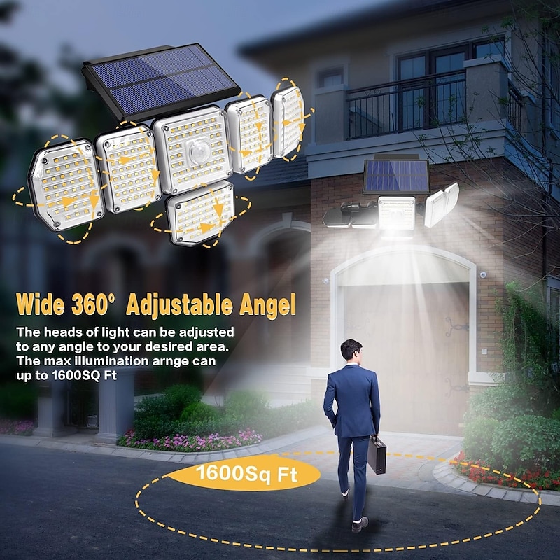 1 Pc Outdoor Waterproof Solar 6-Head Wall Light 256 LED Beads Motion Sensor Induction Light Garage Garden Courtyard Porch Remote Control with 3 Color Temperatures2