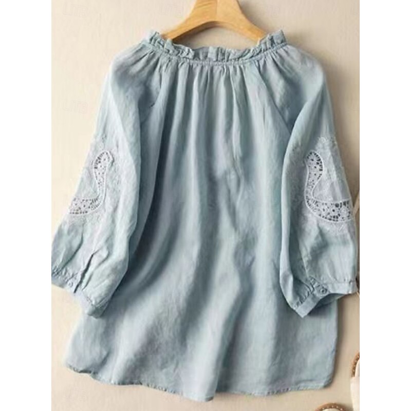Women's Shirt Linen-Inspired Shirts Blouse Solid Color Stylish Casual 3/4 Length Sleeve V Neck Regular Tops Daily Ruffle Embroidered Buttons White Blue Summer Spring Fall2