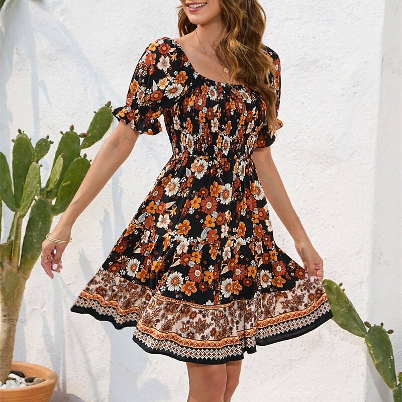 Women's Mini Dress Petite Dress Casual Dress Summer Dress Boho Dress Elegant Stylish Lantern Sleeve Vacation Daily Date Regular Fit Floral Short Sleeve Square Neck Black Pink Blue Summer3