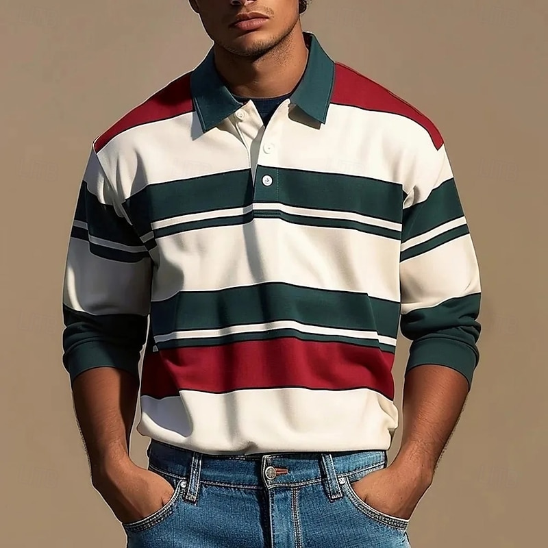 Men's Stripes Rugby Polo Long Sleeve Polo Shirts Collared Shirts Casual Outdoor Athleisure 3D Print Spring Fall Winter Red Brown Green