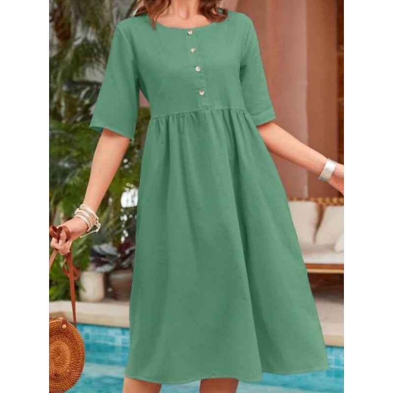 Women's Long Dress Maxi Dress Cotton Linen Dresses Casual Dress Basic Casual Vacation Daily Regular Fit Plain Short Sleeve Crew Neck Navy Blue Green Khaki Summer