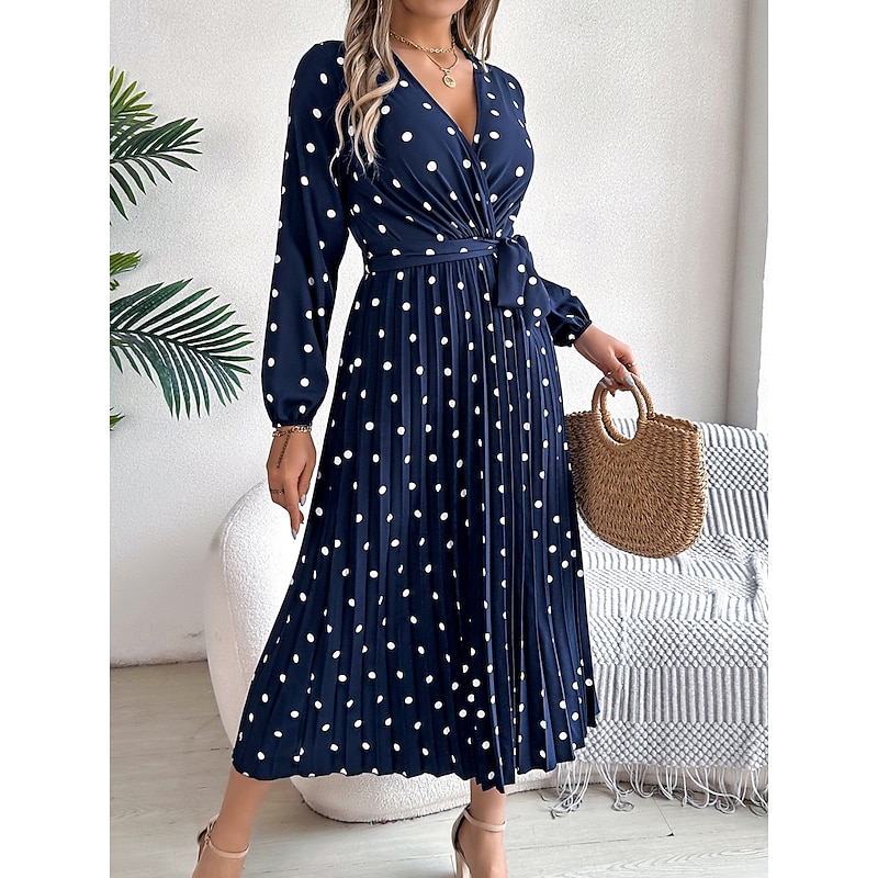 Women's Maxi Dress Casual Dress A Line Dress Stylish Casual Vacation Daily Regular Fit Polka Dot Long Sleeve V Neck Wine Navy Blue Spring Fall