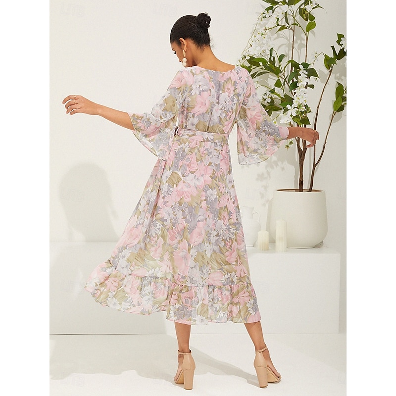 Women's Long Dress Maxi Dress Chiffon Dress Elegant Stylish Flutter Sleeve Wedding Vacation Daily Loose Fit Floral 3/4 Length Sleeve V Neck Pink Summer Spring Fall2
