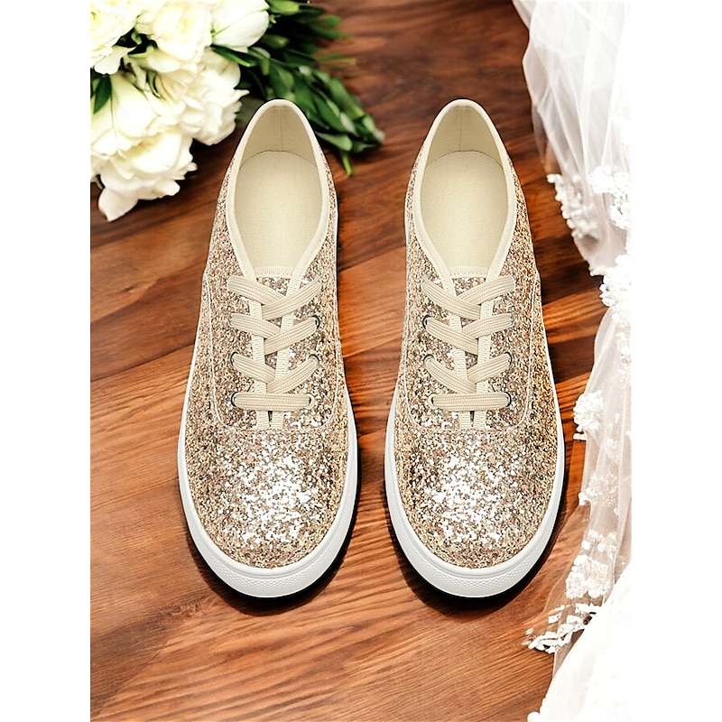 Gold Glitter Lace-Up Sneakers – Stylish and Comfortable Shoes for Casual Outings or Wedding After-Parties