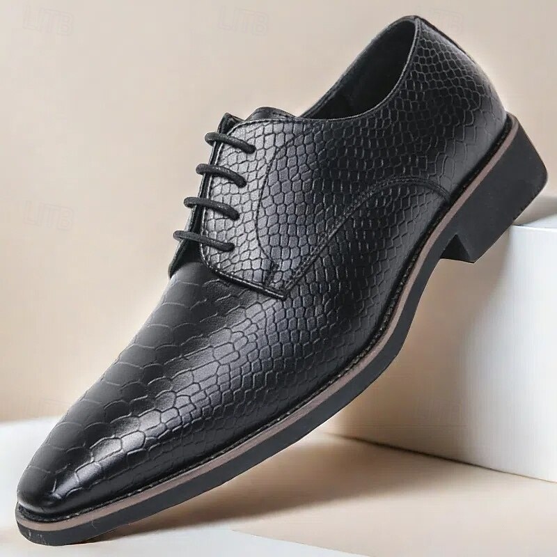 Men's Black Textured Faux Leather Oxford Shoes - Elegant Lace-Up Design for Formal Occasions and Office Wear