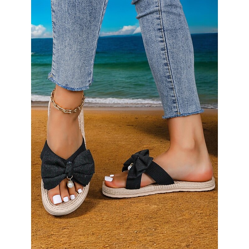 Women's Black Bowknot Espadrille Flat Sandals with Pearl Detail - Stylish Summer Slip-Ons for Casual Outings and Beachwear4