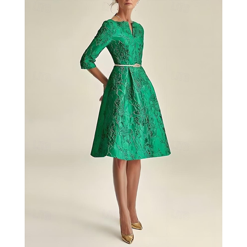A-Line Mother of the Bride Dress Elegant Minimalist V Neck Tea Length Jacquard Half Sleeve with Embellished Belt Race Day Dress Wedding Guest Dress2