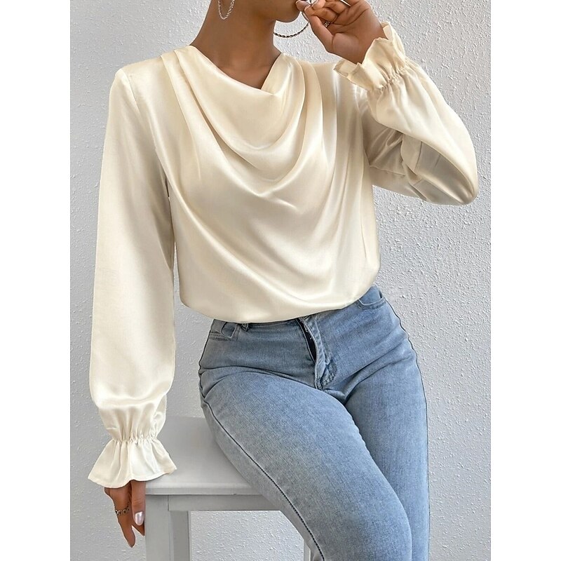 Women's Shirt Elegant Dressy Satin Solid Color Stylish Casual Long Sleeve Cowl Neck Regular Tops Daily Ruched Black Beige Summer Spring4