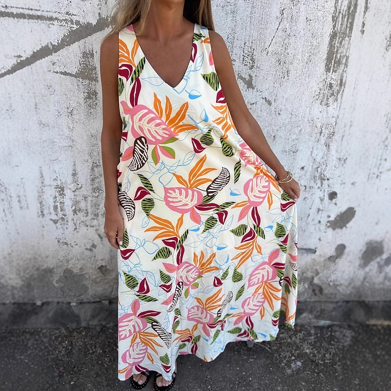 Women's Midi Dress Casual Dress A Line Dress Stylish Casual Vacation Daily Beach Regular Fit Floral Leaf Sleeveless V Neck Dark Blue Apricot Beige Summer2