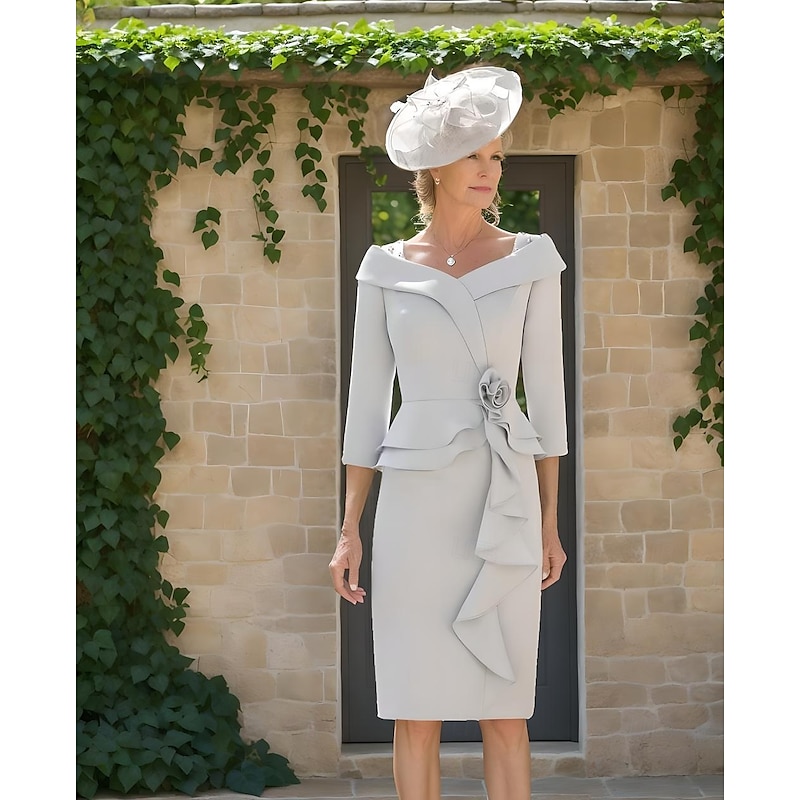 Dress Sets Mother of the Bride Dress Formal Wedding Guest Elegant Vintage Simple V Neck Tea Length Stretch Fabric 3/4 Length Sleeve with Cascading Ruffles Flower Race Day Dress