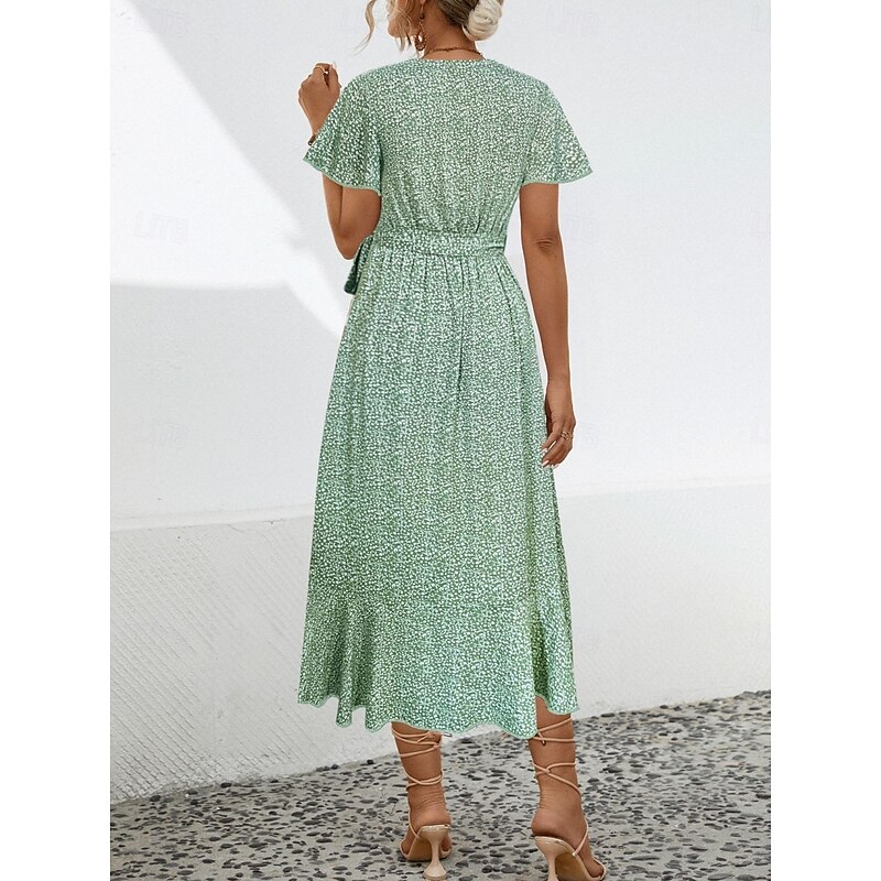 Women's Midi Dress Casual Dress Wrap Dress A Line Dress Stylish Casual Vacation Daily Regular Fit Floral Short Sleeve V Neck Green Summer4