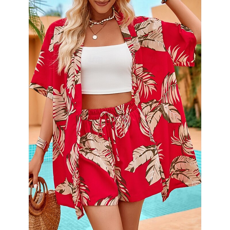 Women's Casual Jacket Suits Breathable Comfortable Drawstring Print Casual Leaf Vacation Street Holiday Daily Wear Open Front Regular Collarless Regular Fit Half Sleeve Outerwear Red Green Summer