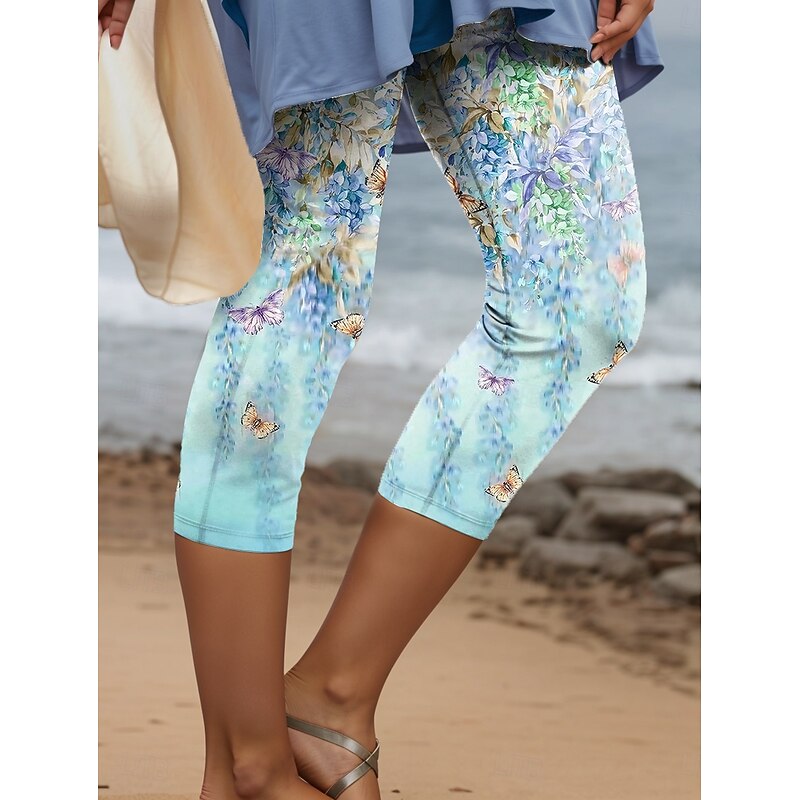 Women's Leggings Capri Pants High Elasticity Fashion Streetwear Full Length High Waist Floral Printing Thermal Warm Breathable Soft  Outdoor Daily Blue Fall Winter Regular Fit2