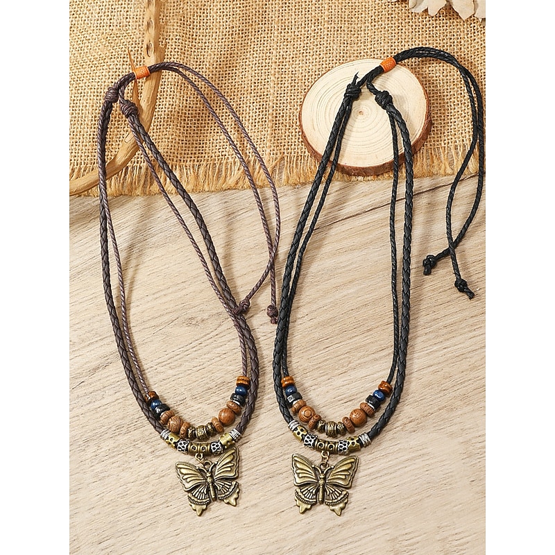 Vintage Butterfly Pendant Leather Necklace – Boho-Style Adjustable Beaded Jewelry for Women and Men, Perfect for Casual and Festival Wear2