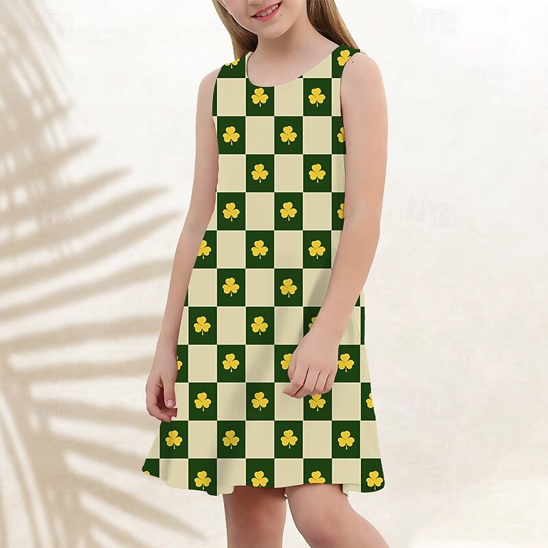 St. Patrick Girls' 3D Graphic Four Leaf Clover Dress Sleeveless Summer Spring Vacation Daily Holiday Princess Beautiful Sweet Kids 4-12 Years Casual Dress A Line Dress Knee-length Regular Fit2