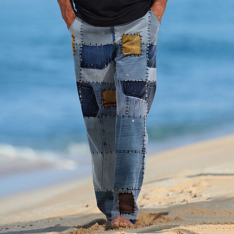 Men's Plaid Patchwork Rework Trousers Casual Pants Drawstring Elastic Waist Hawaiian Ethnic Casual Outdoor Vacation Holiday Side Pockets Straight Leg Trousers Summer Spring Fall 3D Print Blue Gray