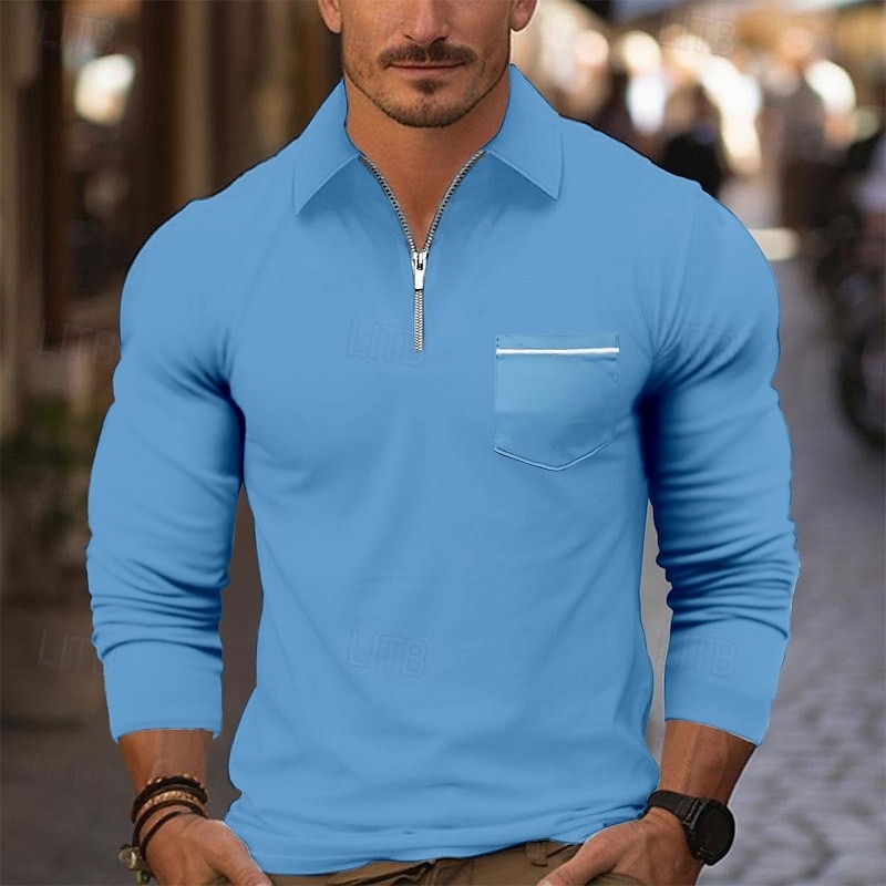Men's Quarter Zip Polo Golf Shirt Daily Holiday Quarter Zip Long Sleeve Fashion Modern Plain Pocket Spring Fall Regular Fit Black White Pink Wine Royal Blue Sky Blue Quarter Zip Polo