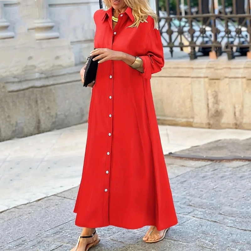 Women's Long Dress Maxi Dress Shirt Dress Casual Dress Summer Dress Stylish Casual Vacation Daily Date Regular Fit Plain Long Sleeve Lapel Black White Red Purple Summer Spring2
