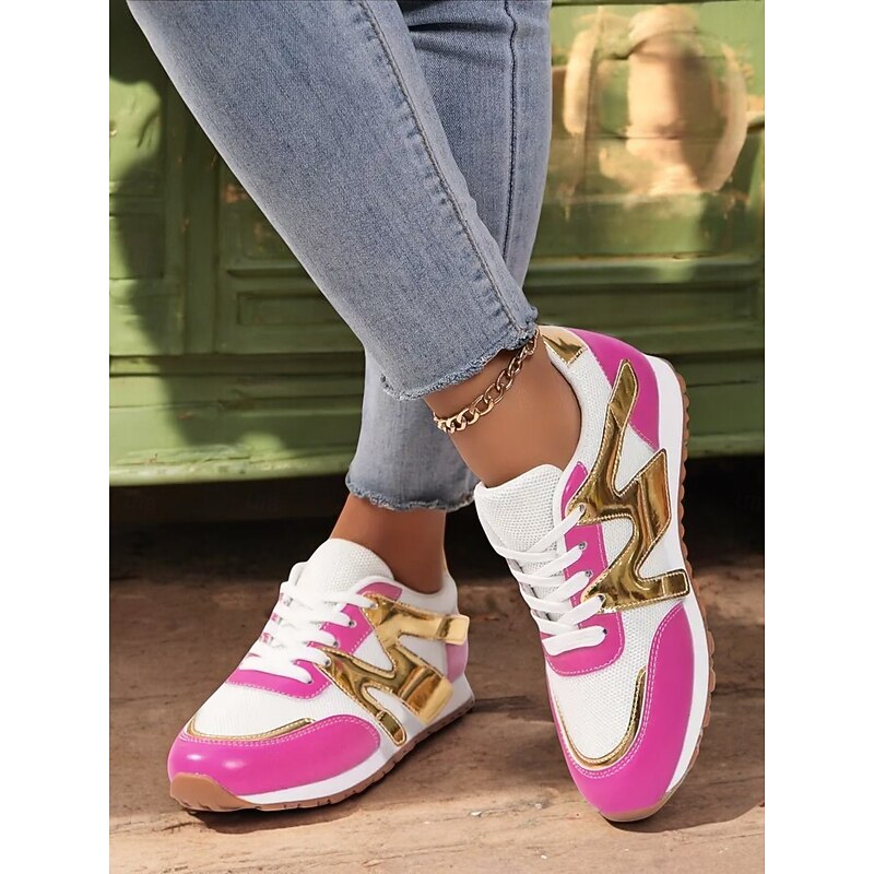 Women's Rose Pink Colorblock Athletic Sneakers with Mesh Design Accents - Stylish Casual Shoes for Running and Everyday Wear
