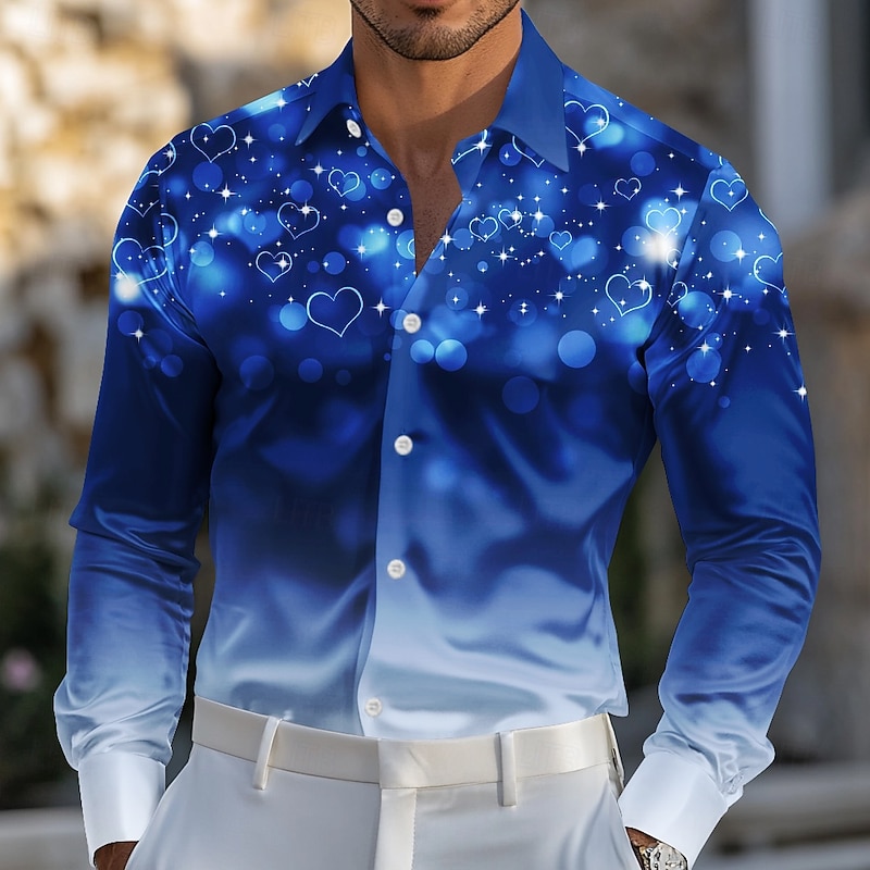 Valentine's Day Men's Heart LOVE Glitter Shine Satin Shirt Dress Shirt Button Up Shirt Long Sleeve Fashion Casual Wedding Evening Party Holiday Summer Spring Turndown Collared Shirts 3D Print Red2