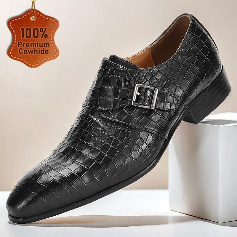 Men's Black Crocodile Pattern Leather Monk Strap Shoes – Premium Cowhide, Formal Style for Business and Special Occasions