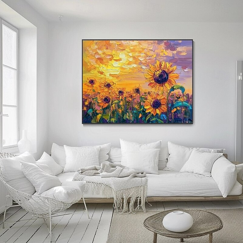 Large Sun Flower Landscape Oil Painting On CanvasPastel Floral PaintingSpring SunFlower Scenery PaintingLarge Wall Art Living Room Decor3
