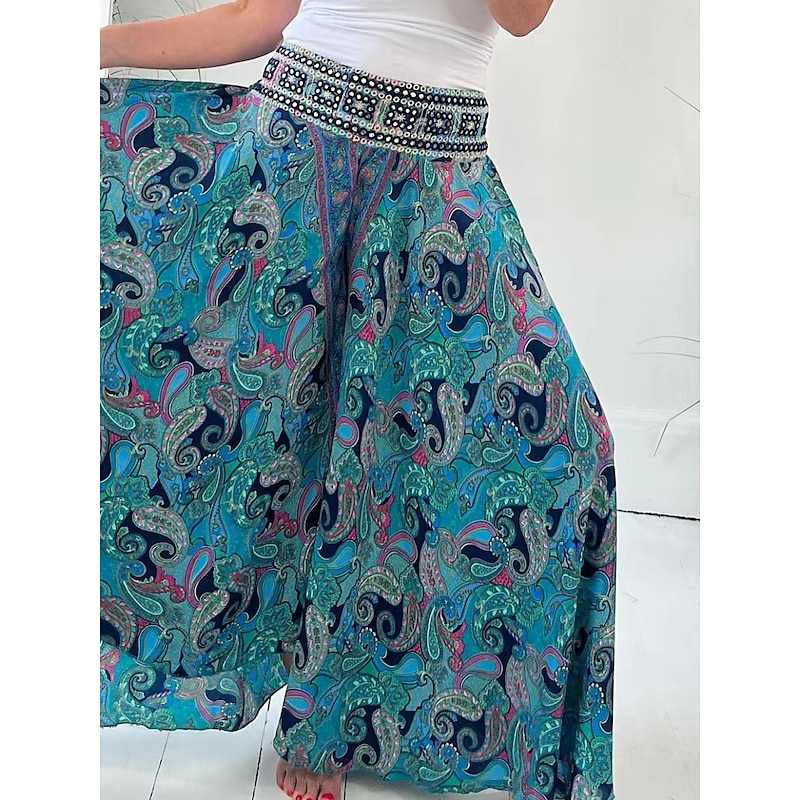 Women's Wide Leg Chinos Vacation Hawaiian Full Length High Waist Paisley Elastic Waistband Printing Comfy Soft Comfortable Micro-elastic Outdoor Street Red Green Summer Spring Regular Fit