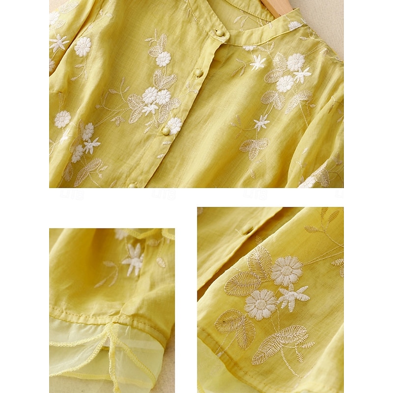 Women's Shirt Cotton Linen Shirts Button Up Blouse Floral Basic Casual 3/4 Length Sleeve High Neck Regular Tops Daily Embroidered Buttons Yellow Purple Green Beige Summer Spring Fall3