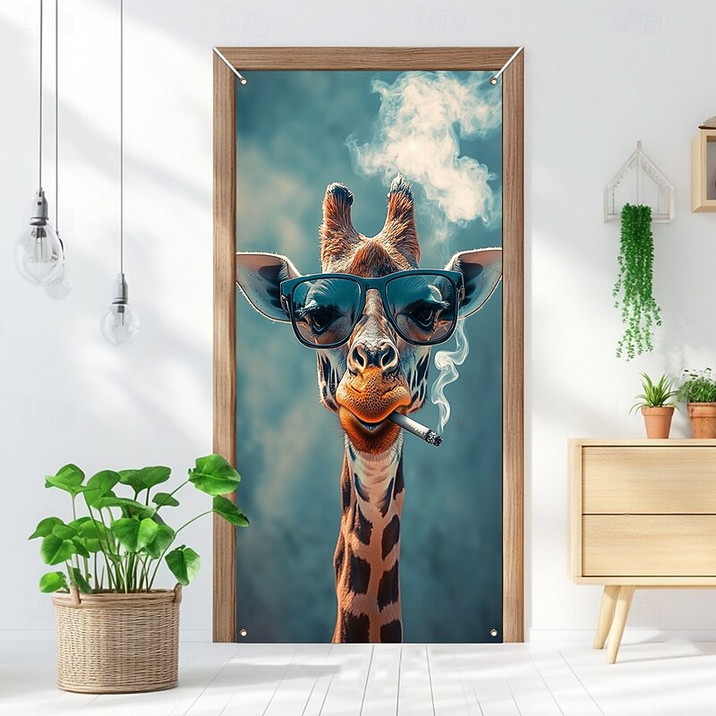 Funny Animal Door Decorations Door Covers Giraffe Door Tapestry Door Curtain Decoration Backdrop Indoor/Outdoor Door Banner for Front Door Farmhouse3